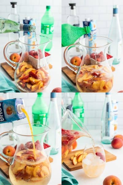 wine, lemon-lime soda, and peach nectar being poured into a pitcher with peaches and raspberries, and then punch being poured into a glass with ice