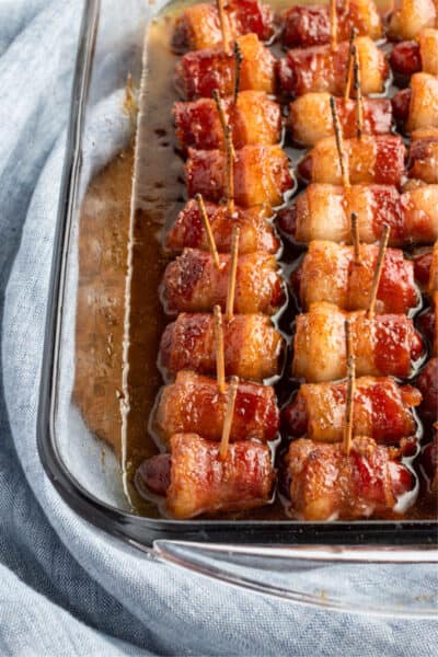 bacon wrapped little smokies after baking in the dish