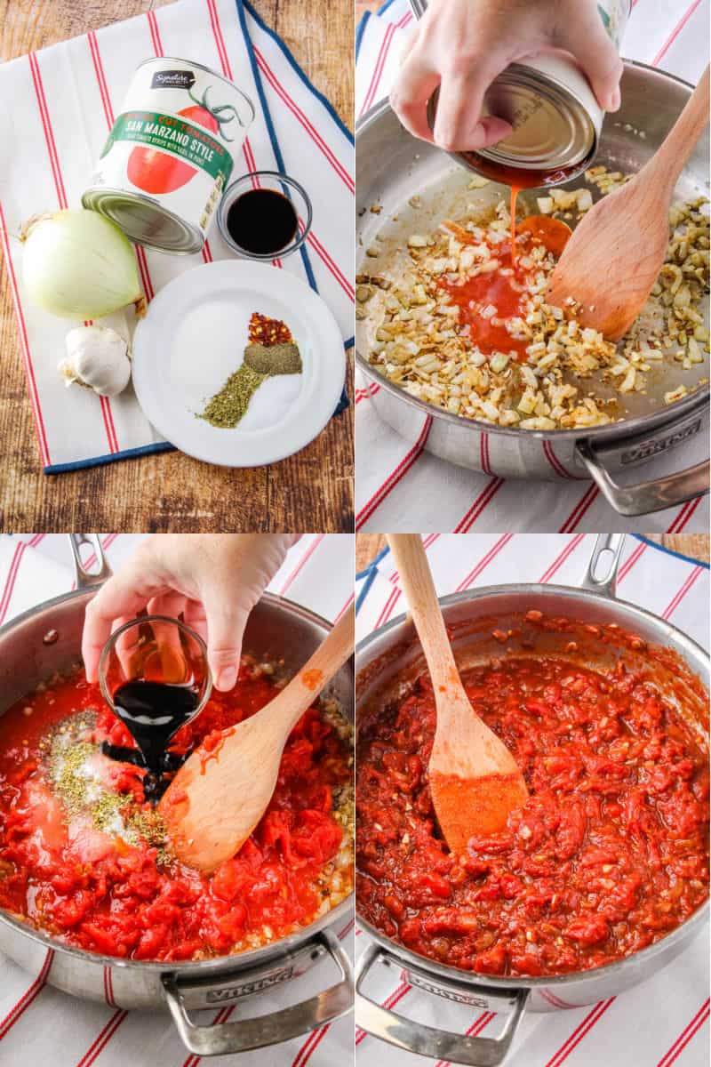 ingredients for homemade tomato pasta sauce, sauteed onions and garlic in a skillet with tomato juices being poured in, tomato sauce ingredients in a skillet with balsamic vinegar being poured in, finished tomato sauce in a skillet with a wooden spoon