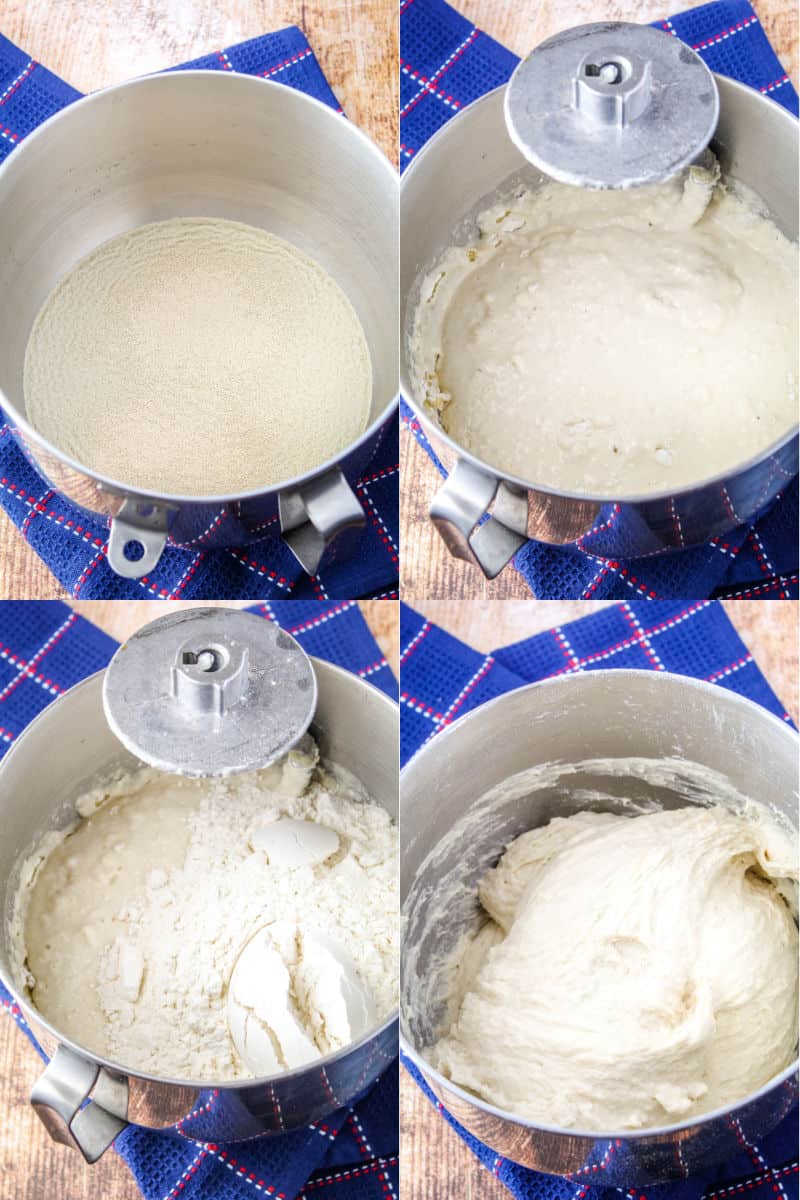 yeast and water in a stand mixer bowl, initial bread dough ingredients mixed together in a bowl, flour added to bread dough mixture, bread dough after mixing