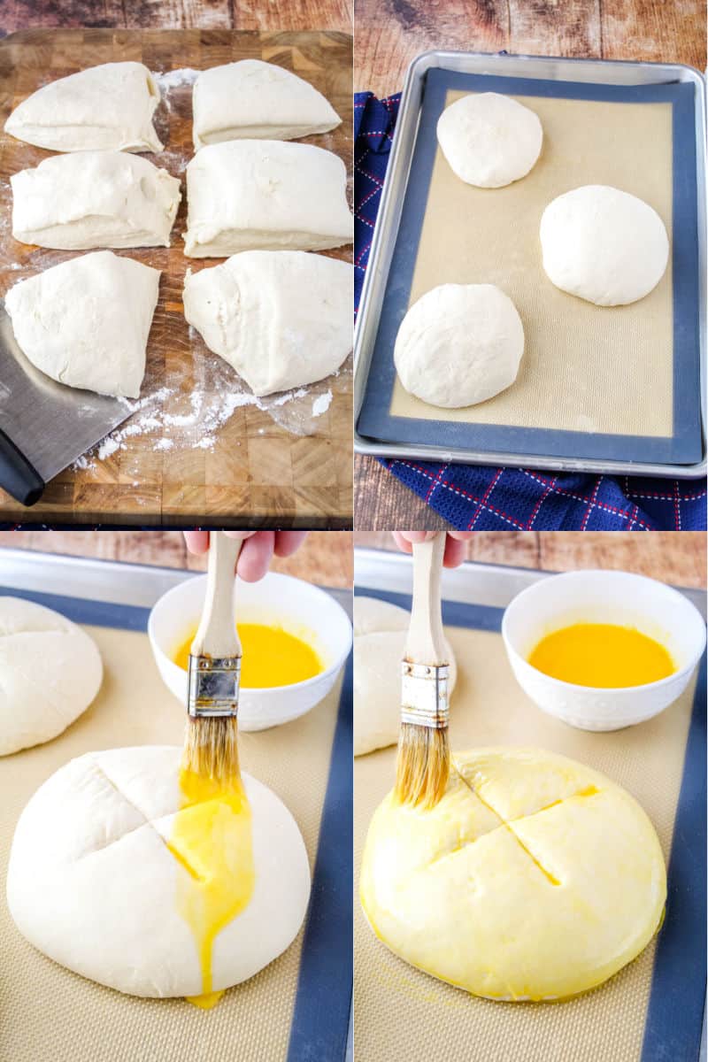 bread dough cut into 6 portions, three dough rounds on a baking sheet, bread round with an X cut into the top, egg wash being brushed on a dough round