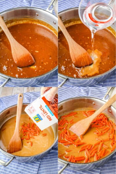 peanut sauce after cooking in a skillet with a wooden spatula, water being added to peanut sauce, O Organics red lentil pasta being added to skillet, penne pasta stirred into peanut sauce before cooking