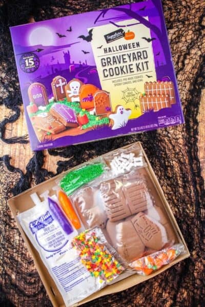 graveyard cookie kit from Albertsons, front of box shown along with all the items that come inside