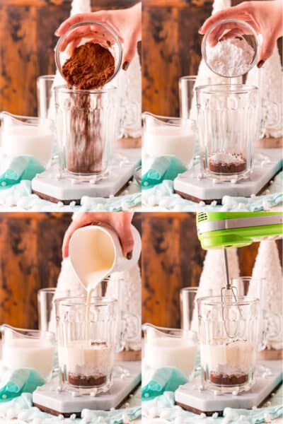 cocoa powder being poured into a mixing glass, powdered sugar being added to glass, heavy cream being added to glass, hand mixer with 1 beater placed in glass
