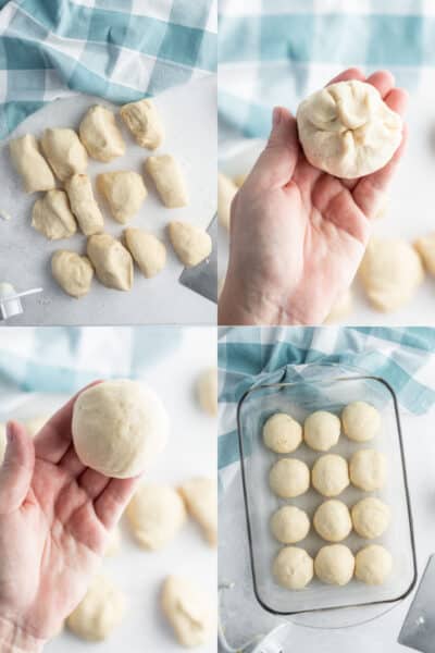 collage of dinner roll dough cut into 12 pieces, hand holding a formed roll showing pinched together dough on bottom, hand holding completed dinner roll with smooth top showing, dinner roll dough balls in a baking sheet ready to bake