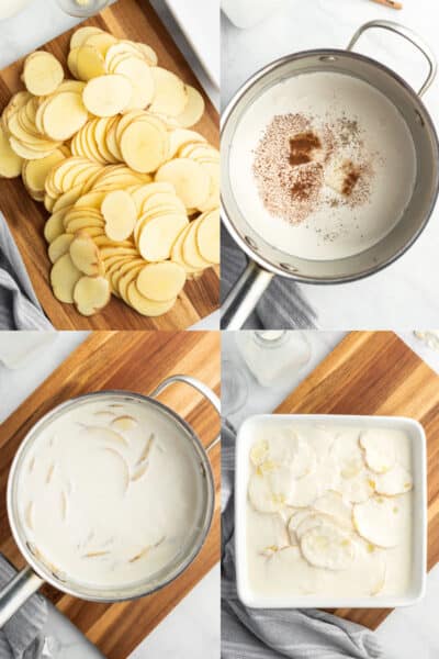 sliced potatoes on a cutting board, white sauce ingredients in a saucepan, sliced potatoes in white sauce, sauce and potatoes in a baking dish