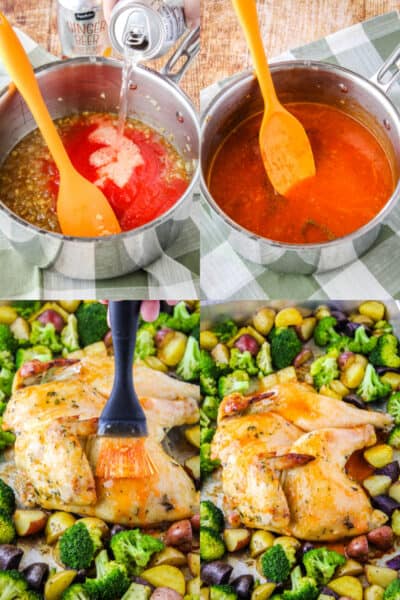 collage of ginger beer being poured into sauce pan with other ingredients, ginger beer sauce finished in a pot with pepper sprinkled on top, sauce being brushed over spatchcock chicken, chicken coated in sauce ready to finish roasting
