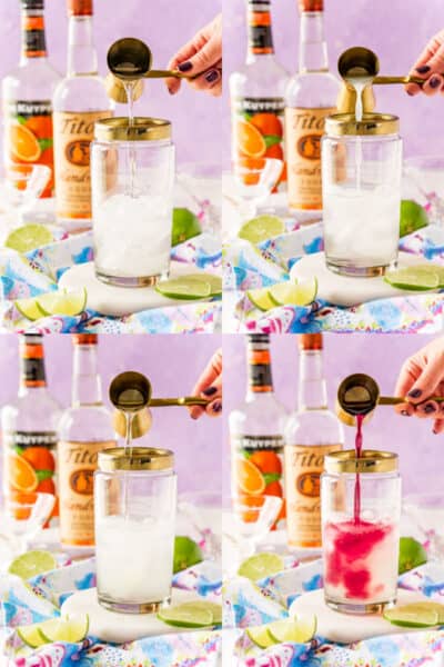 collage of vodka being poured into a clear shaker with ice, lime juice being poured into shaker, triple sec being poured into shaker, cranberry juice being poured into shaker