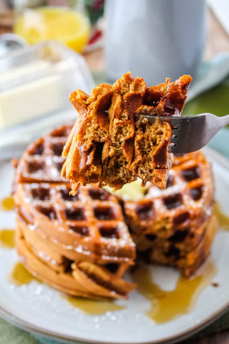 close up of a forkful of gingerbread waffles to show texture inside