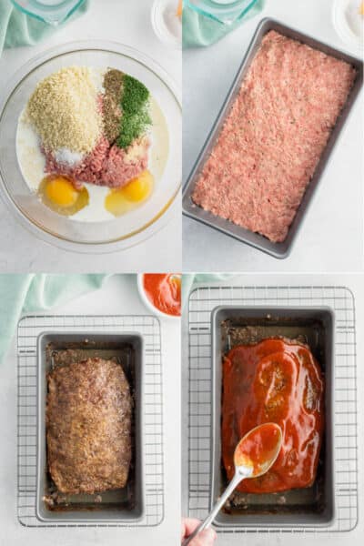 collage of meatloaf ingredients in a mixing bowl, meatloaf pressed into loaf pan, cooked meatloaf in pan, glaze being spread over top of meatloaf