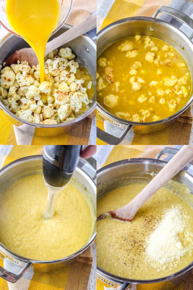 collage of roasted garlic in a pot with broth being poured in, cooked cauliflower soup in pot, immesion blender in pot pureeing soup, parmesan cheese and pepper on soup with a wooden spoon in pot
