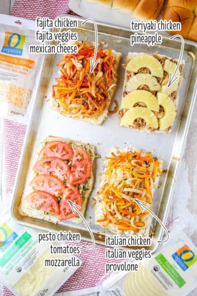 chicken sliders on a baking sheet with toppings and names of toppings