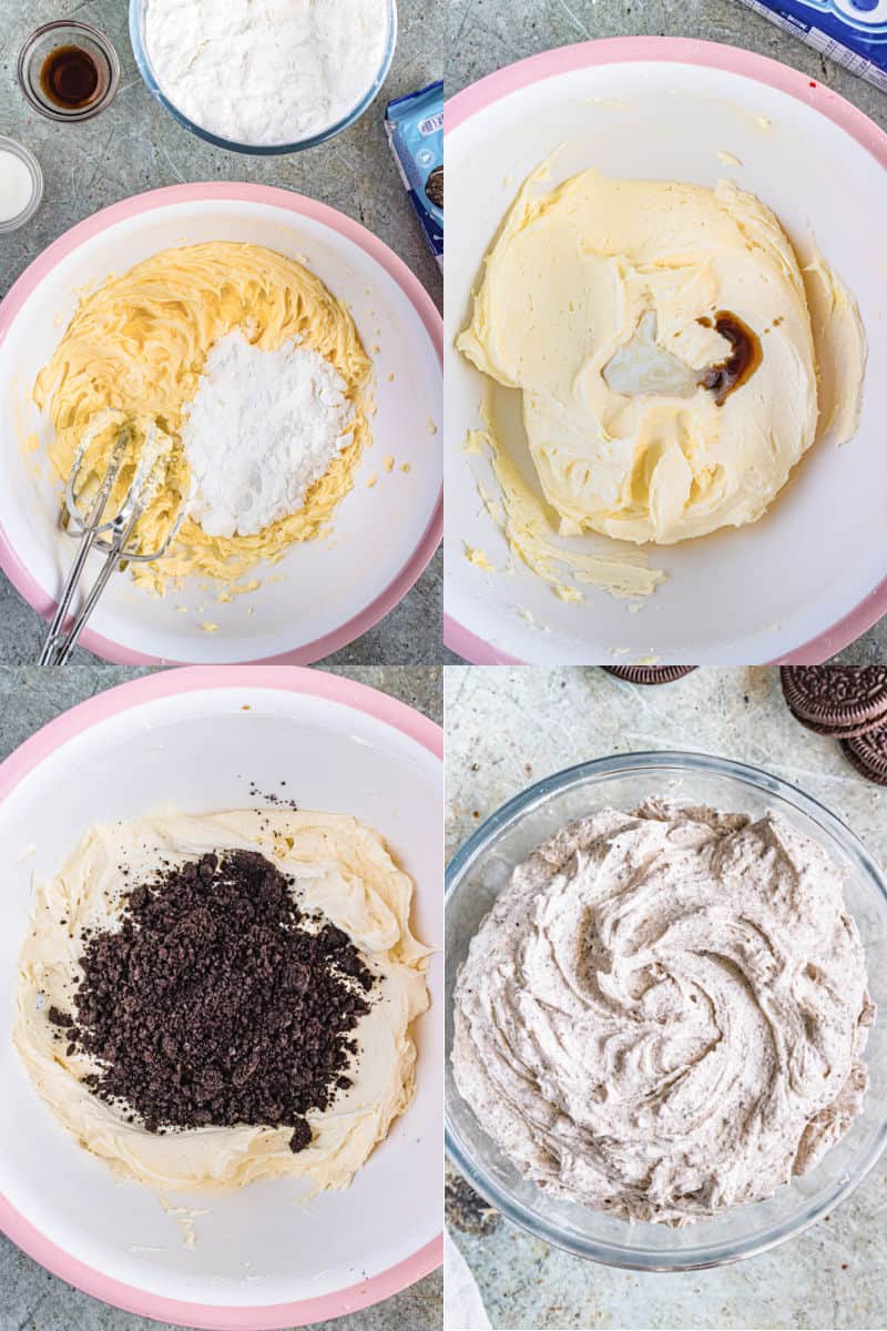 collage of butter and powdered sugar in a mixing bowl, vanilla and cream added to bowl, crushed oreos added to buttercream, cookies and cream frosting in a mixing bowl