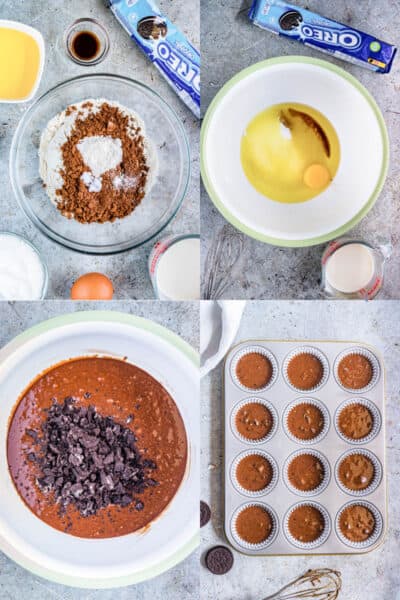 collage of chocolate cupcake dry ingredients in a bowl, oreo cupcake wet ingredients in another mixing bowl, chocolate cupcake batter with crushed oreos, chocolate oreo cupcake batter poured into lined muffin tin cups