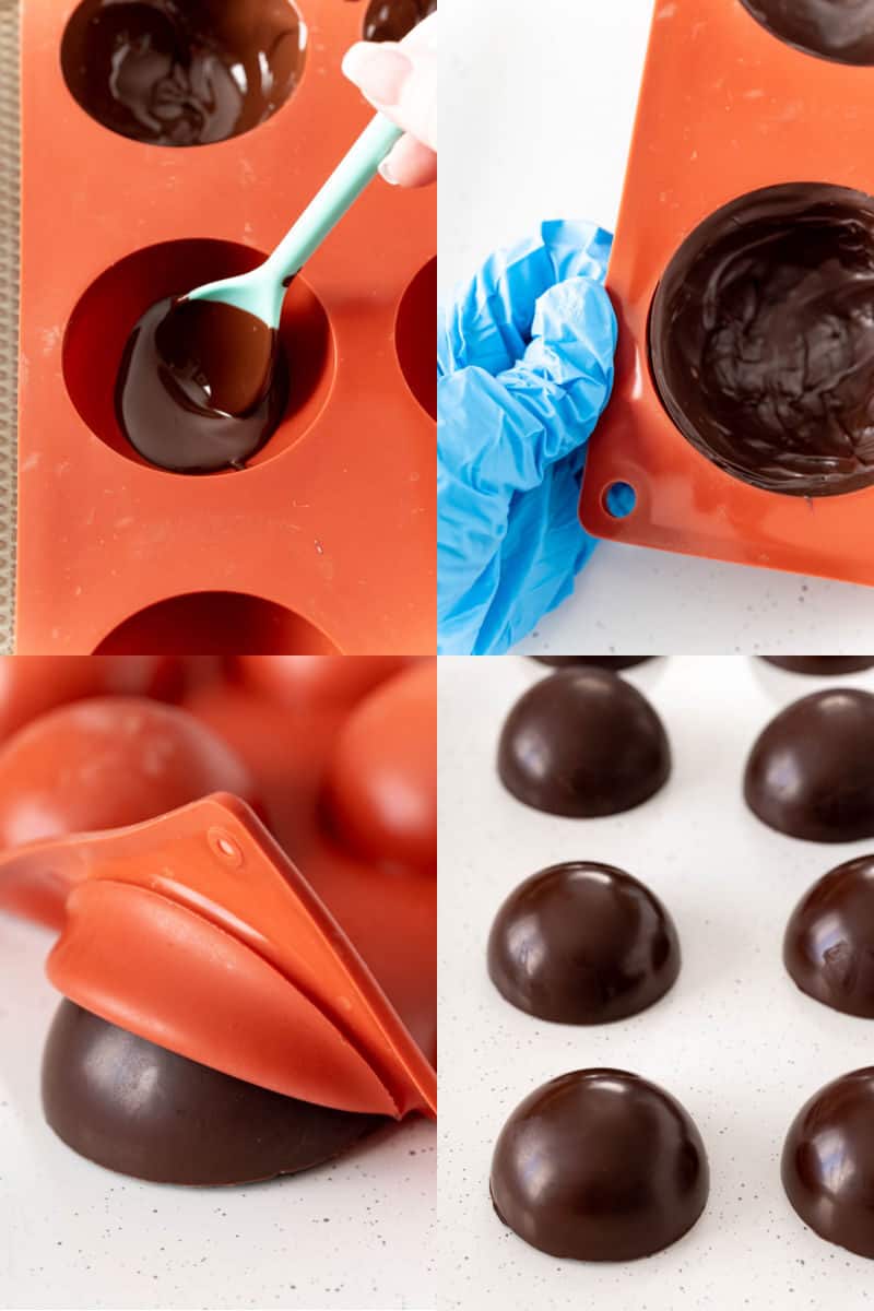 collage of tempered chocolate being spread into silicone mold cups, gloved hand loosening chocolate from molds, silicone mold being peeled back from chocolate cup, chocolate cups upside down on a baking sheet