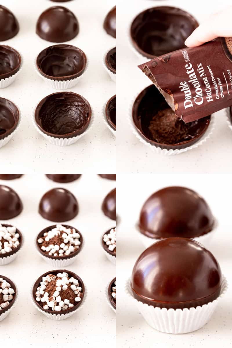 collage of chocolate cups in cupcake liners, hot chocolate mix being poured into a cup, mini marshmallows added to cups, hot chocolate bombs with top of chocolate sphere added on