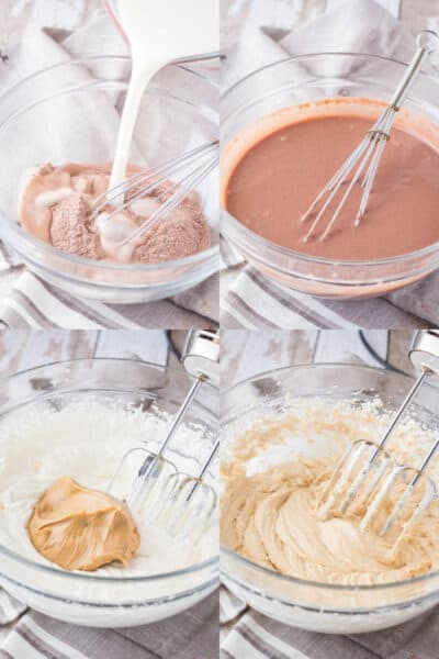 collage of chocolate pudding before and after whisking, and peanut butter mousse before and after mixing