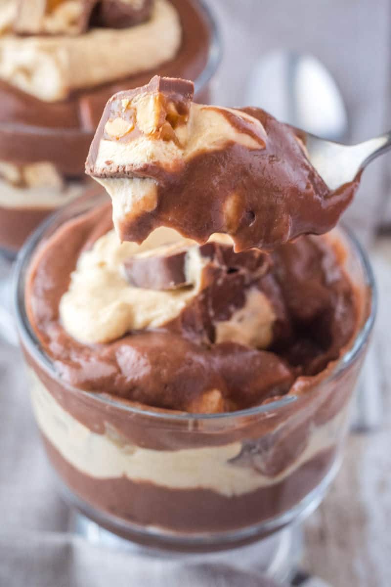 spoonful of peanut butter & chocolate parfait over the cup