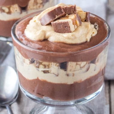 square image of a peanut butter & chocolate parfait with Snickers