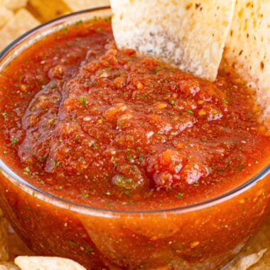 square close up image of a bowl of blender salsa