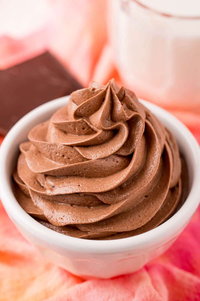 close up of a bowl of chocolate pudding frosting