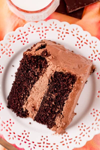 sliced of chocolate cake with chocolate pudding frosting on a small plate