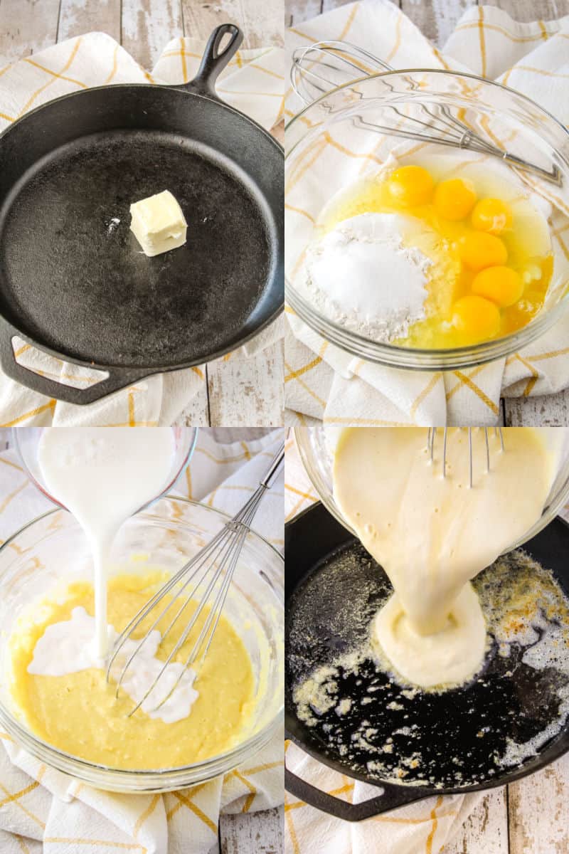 collage of knob of butter in a cast iron skillet, eggs and dry ingredients for dutch baby in a bowl, milk being poured into pancake better, pancake batter being poured into a hot skillet with melted butter