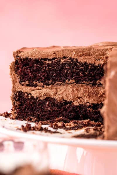 chocolate cake with a slice removed to show layers