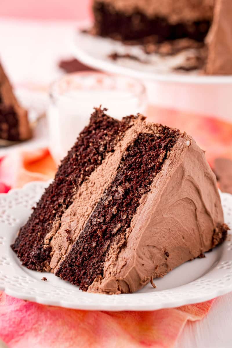 slice of chocolate cake on a dessert plate
