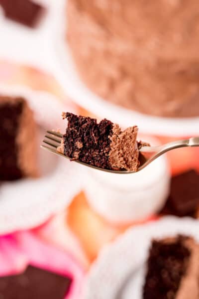 bite of chocolate cake on a fork over the slice