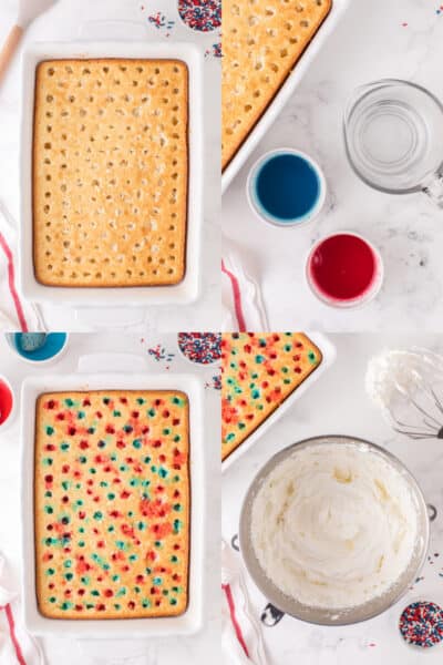 collage of baked cake with hole poked all over the top, two bowls with red and blue jello liquid, blue and red jello poured over cake, whipped cream in a bowl next to the prepared cake