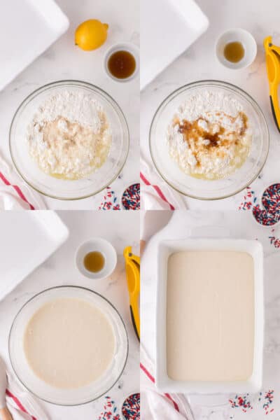 collage of cake mix ingredients in a bowl, syrup and juice add to ingredients, cake batter in a bowl, cake batter in a baking dish