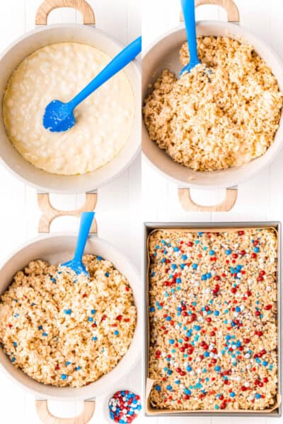 collage of butter and marshmallows melt in a pot, rice krispie cereal stirred into marshmallows, red white & blue M&Ms stirred into cereal, rice krispie treats pressed into a pan with sprinkles and M&Ms on top