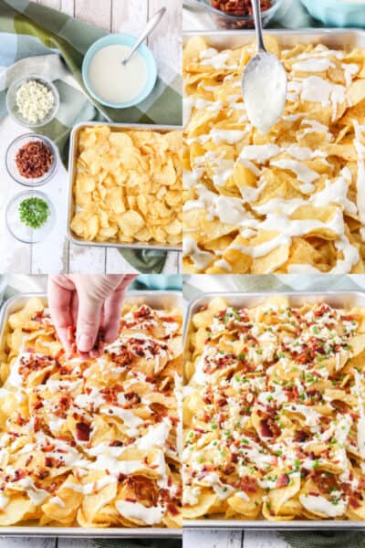 collage of nacho ingredients prepped for assembly, blue cheese sauce being spooned over potato chips, bacon being sprinkled over sauce, blue cheese and chives sprinkled over chips