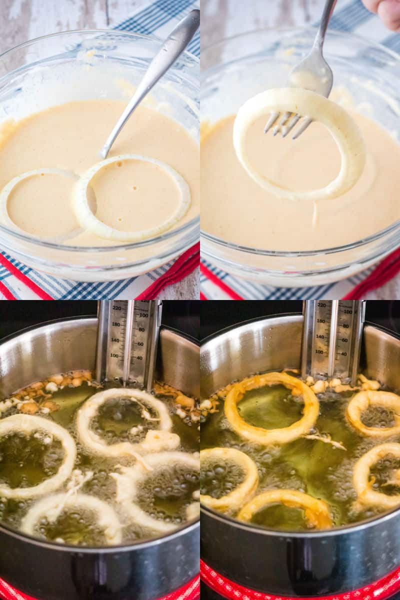 collage of onion rings soaking in batter, fork lifting an onion ring from the batter, onion rings frying in oil, golden brown onion rings frying