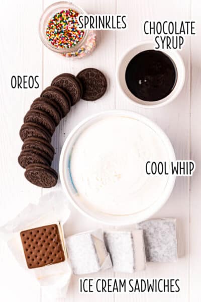 ingredients to make oreo ice cream sandwich cake laid out with text labels
