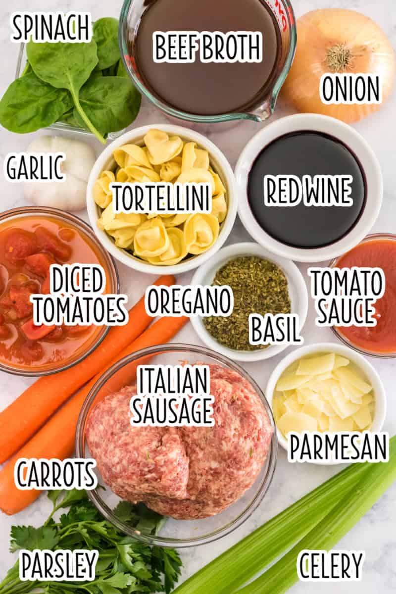ingredients to make sausage tortellini soup with text labels
