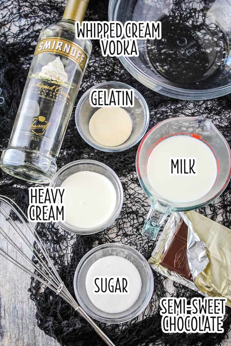 ingredients ot make whipped cream vodka jello shots with text lables