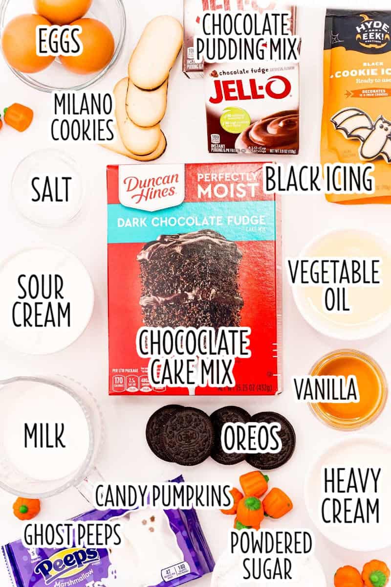 ingredients to make Halloween graveyard chocolate poke cake with text labels