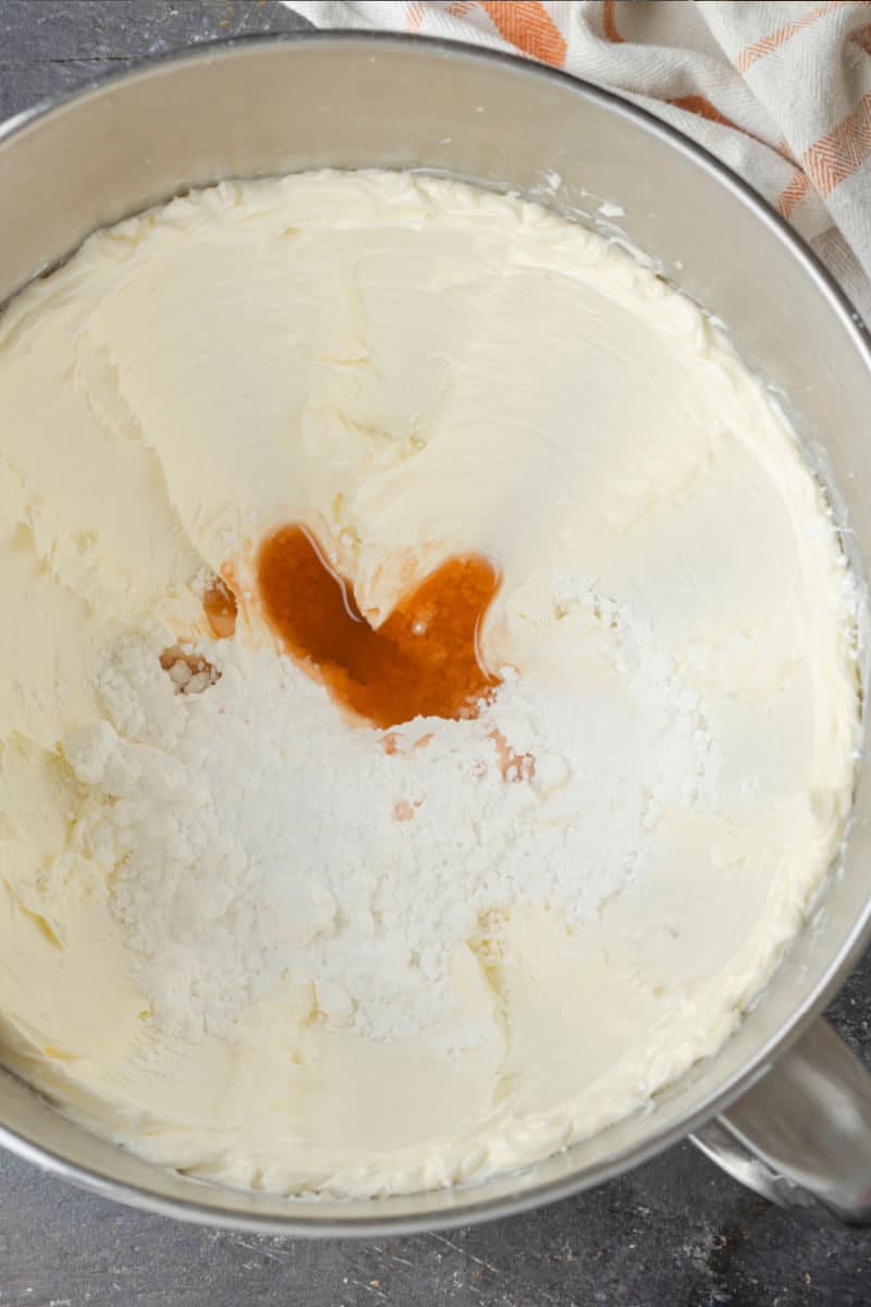 powdered sugar, vanilla, and milk added to whipped butter for buttercream frosting