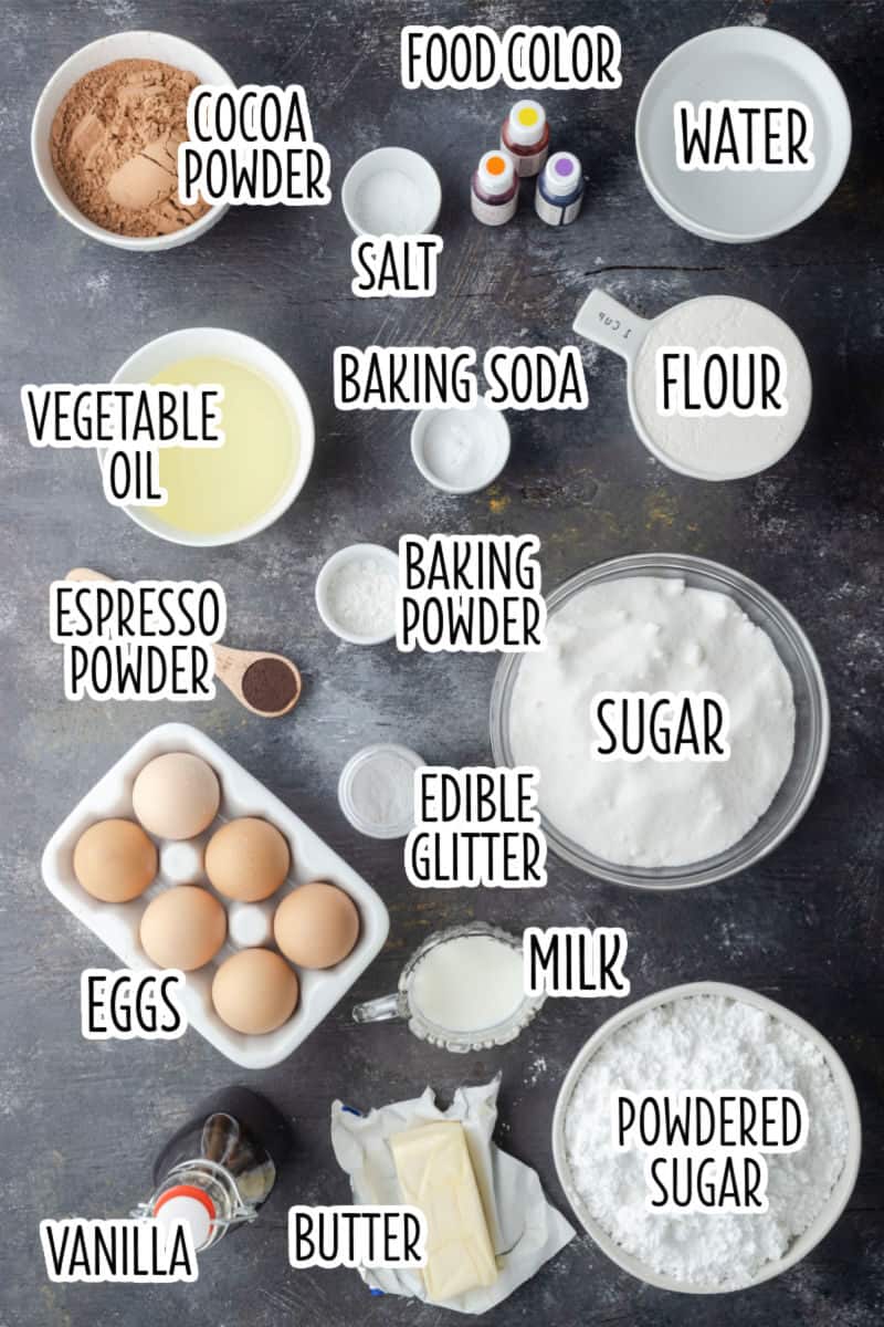 ingredients to make chocolate cupcakes and vanilla buttercream in bowls with text labels