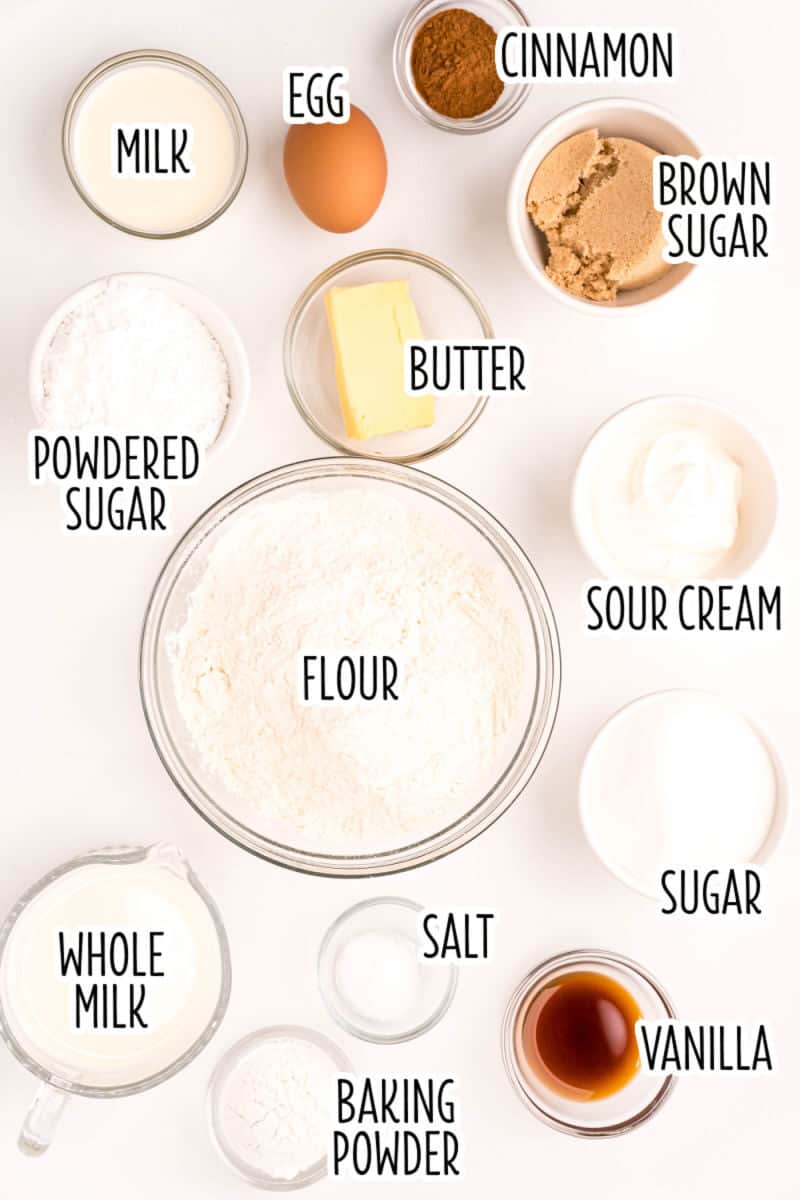 ingredients to make cinnamon swirl quick bread in bowls with text lables
