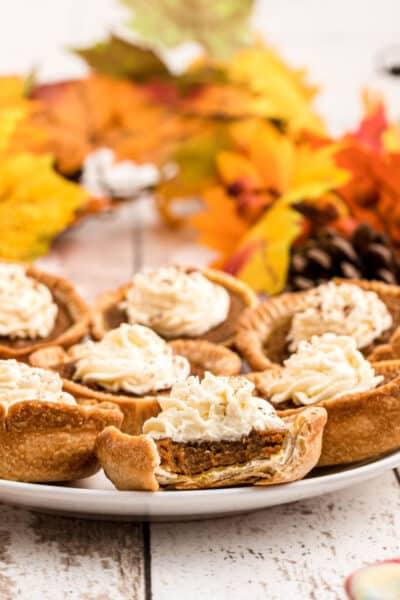 mini pumpkin pies on a plate with a bite taken out of one to show the filling