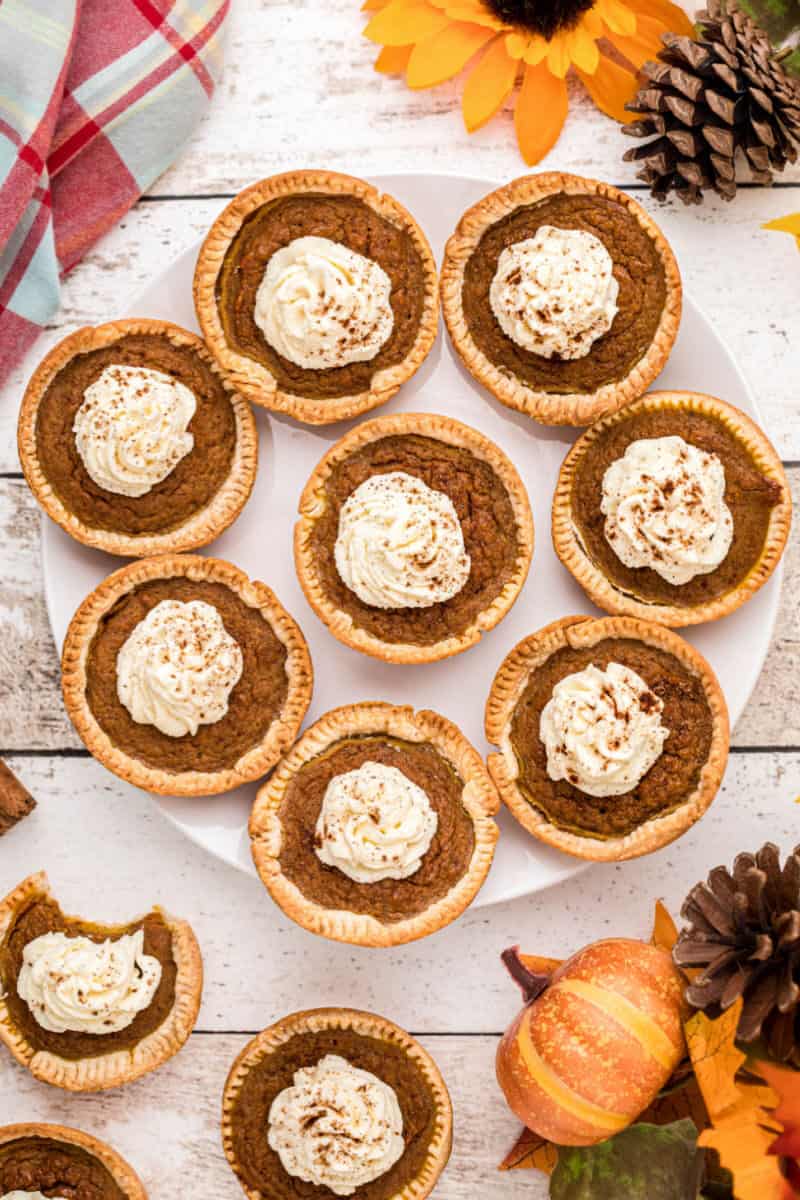 mini pumpkin pies on a plate with one off to the side with a bite taken out