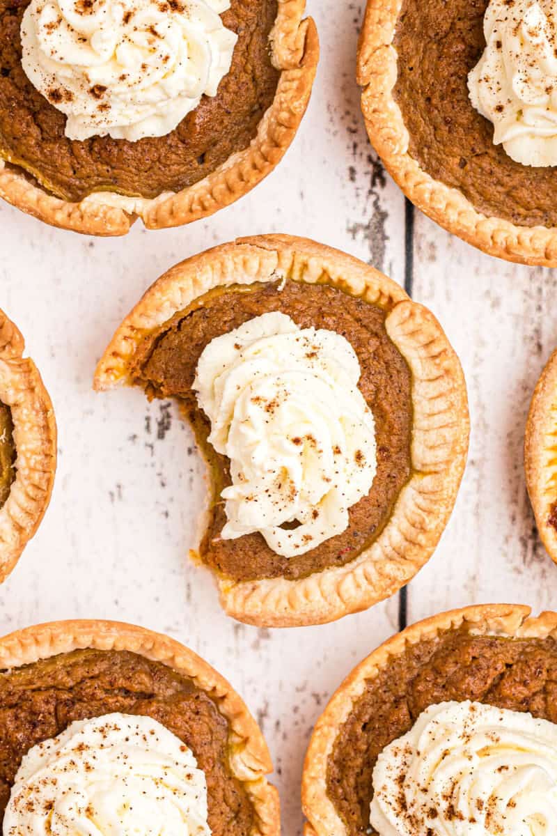 close up of mini pumpkin pie with a bite take out