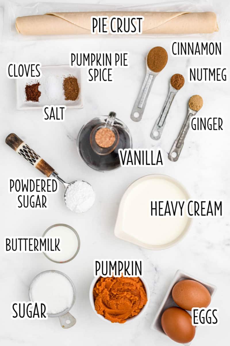 ingredients to make mini pumpkin pies with text lables