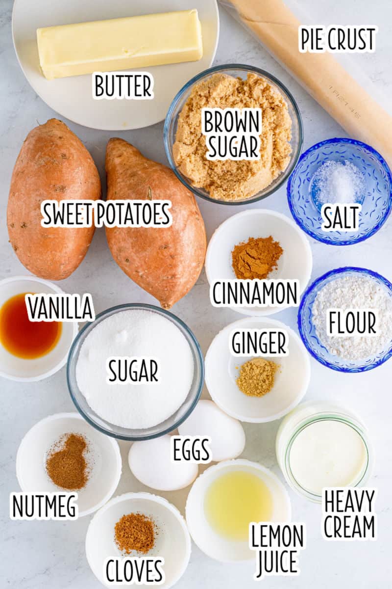 ingredients to make sweet potato pie with text lables