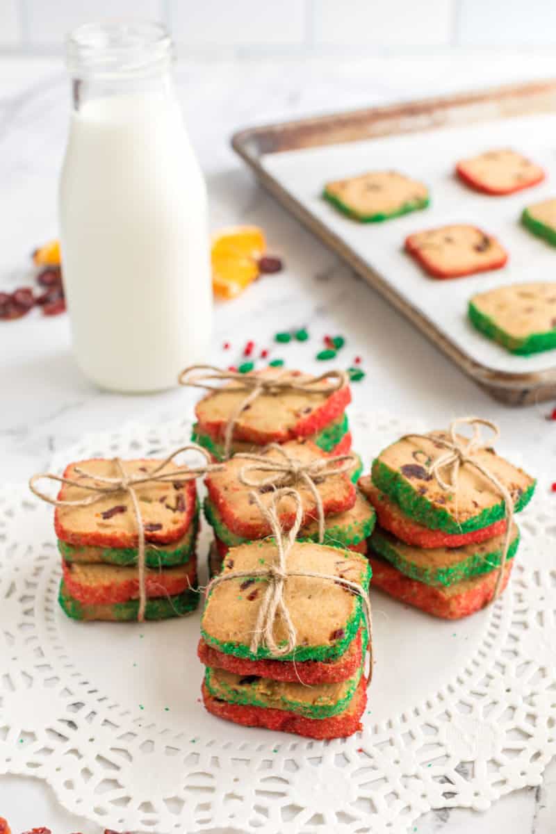 stacks of cranberry orange icebox cookies tied together with twine