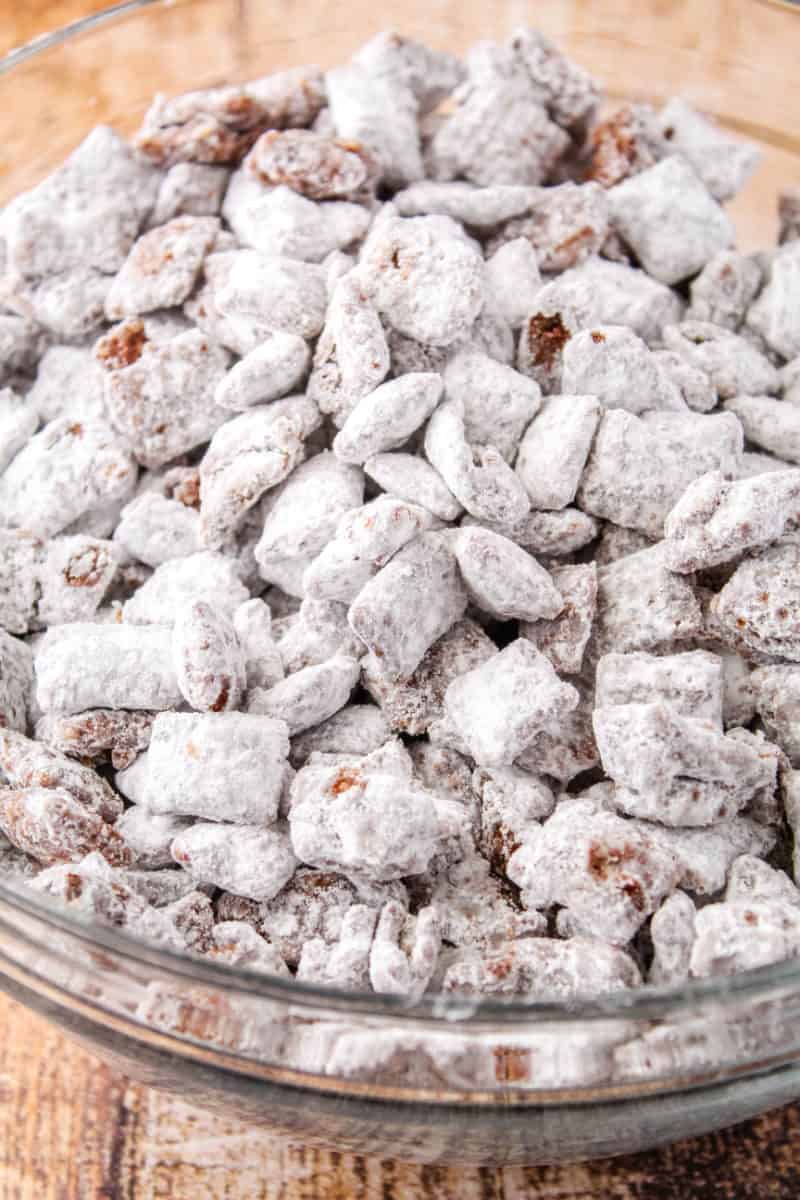 puppy chow muddy buddies in a serving bowl