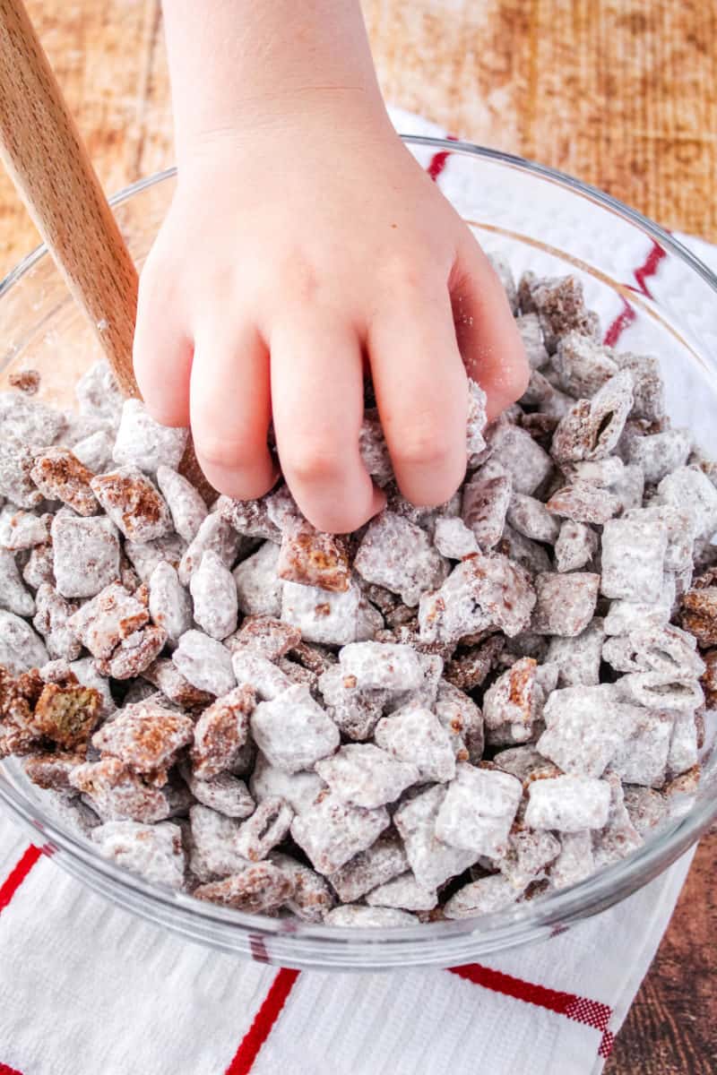 hand grabbing puppy chow muddy buddies from a large bowl
